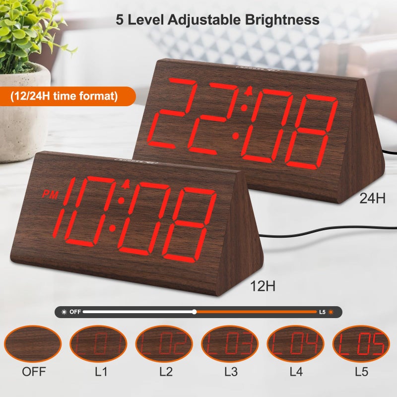DreamSky Wooden Digital Alarm Clocks for Bedrooms - Electric Desk Clock with Large Numbers, USB Port, Loud Alarm for Heavy Sleepers, Adjustable Volume, Dimmer, Snooze, DST, Wood DÃ©cor, Adapter Powered - Image 4