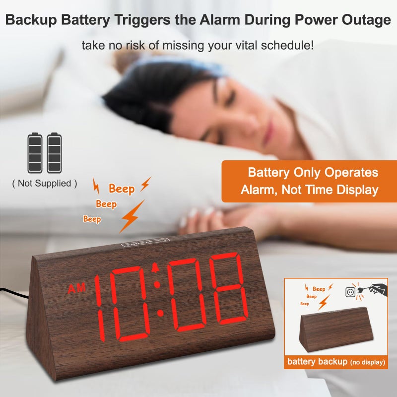 DreamSky Wooden Digital Alarm Clocks for Bedrooms - Electric Desk Clock with Large Numbers, USB Port, Loud Alarm for Heavy Sleepers, Adjustable Volume, Dimmer, Snooze, DST, Wood DÃ©cor, Adapter Powered - Image 3
