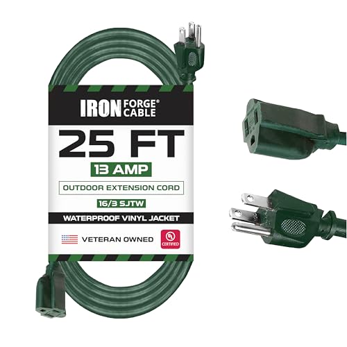 Iron Forge Cable Weatherproof 25 Ft Outdoor Extension Cord - 16/3 SJTW Heavy Duty Green Extension Cord 3 Prong - 13 Amp Exterior Power Cable - Image 1