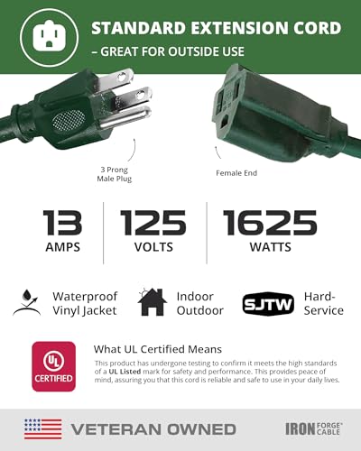 Iron Forge Cable Weatherproof 25 Ft Outdoor Extension Cord - 16/3 SJTW Heavy Duty Green Extension Cord 3 Prong - 13 Amp Exterior Power Cable - Image 3