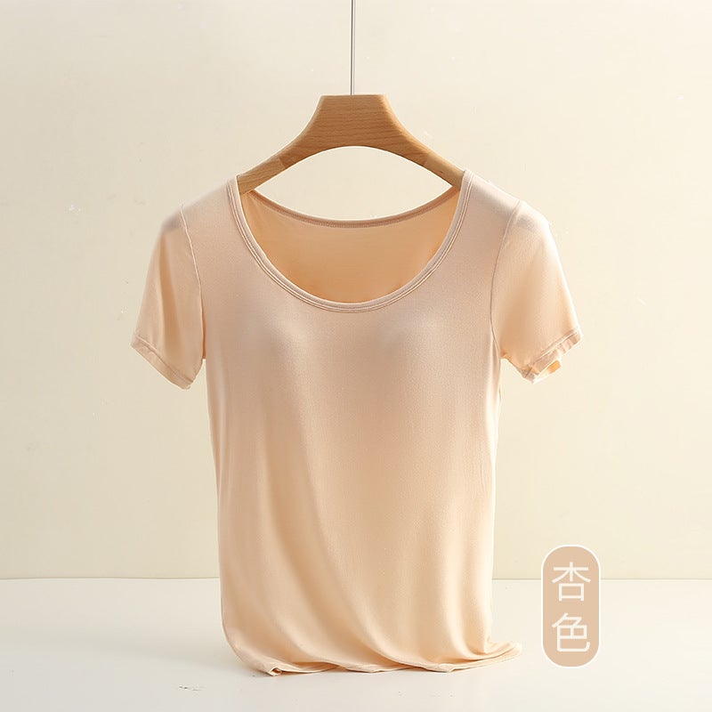 Summer modal womens undershirt one-piece wear-free bra Seamless T-shirt short sleeve womens plus size sports base 613# Pink - Image 3