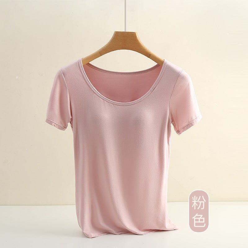 Summer modal womens undershirt one-piece wear-free bra Seamless T-shirt short sleeve womens plus size sports base 613# Pink - Image 1
