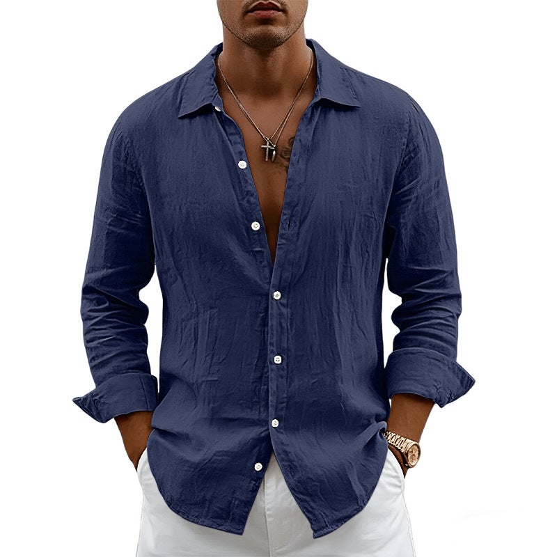 Men's Solid Linen Cardigan Lapel Long Sleeve Shirt - Image 1