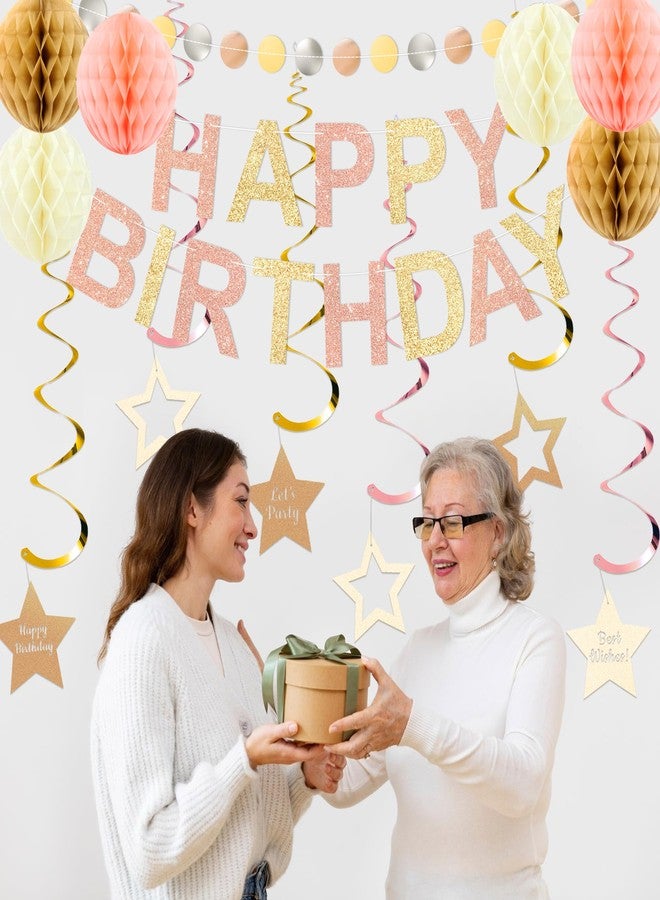 TMTECHJS Birthday Decorations Pre-Strung Happy Birthday Banner for Women Girls Champagne Gold Birthday Banners with Pennant Honeycomb Balls Cake Topper Stars Hanging Swirl Streamers Circle Dots Garland - Image 4