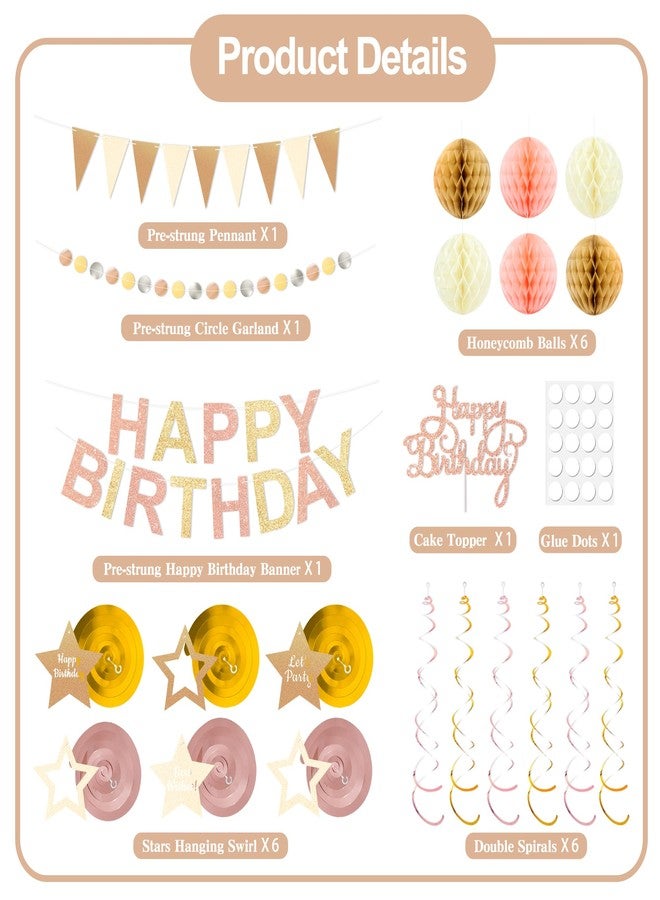 TMTECHJS Birthday Decorations Pre-Strung Happy Birthday Banner for Women Girls Champagne Gold Birthday Banners with Pennant Honeycomb Balls Cake Topper Stars Hanging Swirl Streamers Circle Dots Garland - Image 2