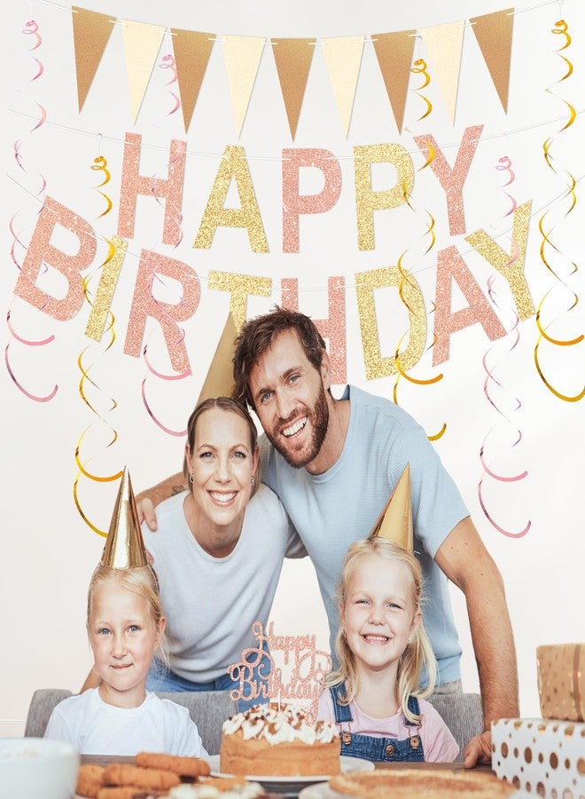 TMTECHJS Birthday Decorations Pre-Strung Happy Birthday Banner for Women Girls Champagne Gold Birthday Banners with Pennant Honeycomb Balls Cake Topper Stars Hanging Swirl Streamers Circle Dots Garland - Image 5