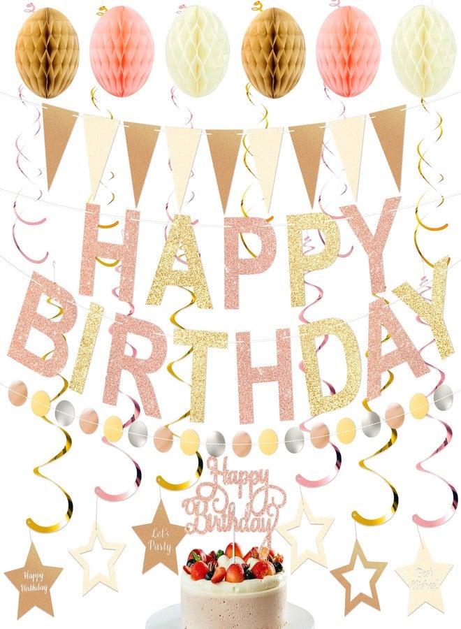 TMTECHJS Birthday Decorations Pre-Strung Happy Birthday Banner for Women Girls Champagne Gold Birthday Banners with Pennant Honeycomb Balls Cake Topper Stars Hanging Swirl Streamers Circle Dots Garland - Image 1