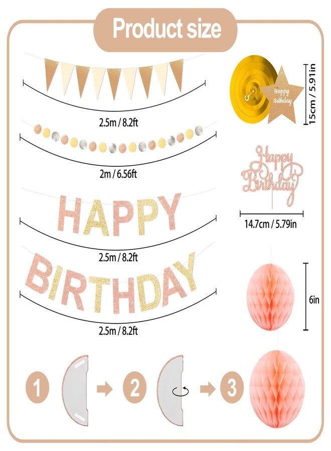 TMTECHJS Birthday Decorations Pre-Strung Happy Birthday Banner for Women Girls Champagne Gold Birthday Banners with Pennant Honeycomb Balls Cake Topper Stars Hanging Swirl Streamers Circle Dots Garland - Image 3