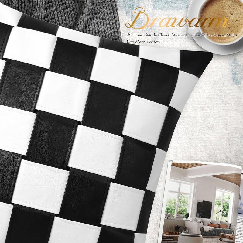 BRAWARM Faux Leather Throw Pillow Covers 18 X 18 Inches - Black and White Leather Pillow Cover, Hand Woven Leather Decorative Pillow Cover for Couch Sofa Bed Living Room Home Garden - Image 5
