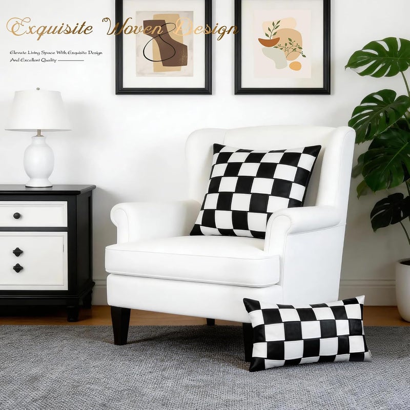 BRAWARM Faux Leather Throw Pillow Covers 18 X 18 Inches - Black and White Leather Pillow Cover, Hand Woven Leather Decorative Pillow Cover for Couch Sofa Bed Living Room Home Garden - Image 3