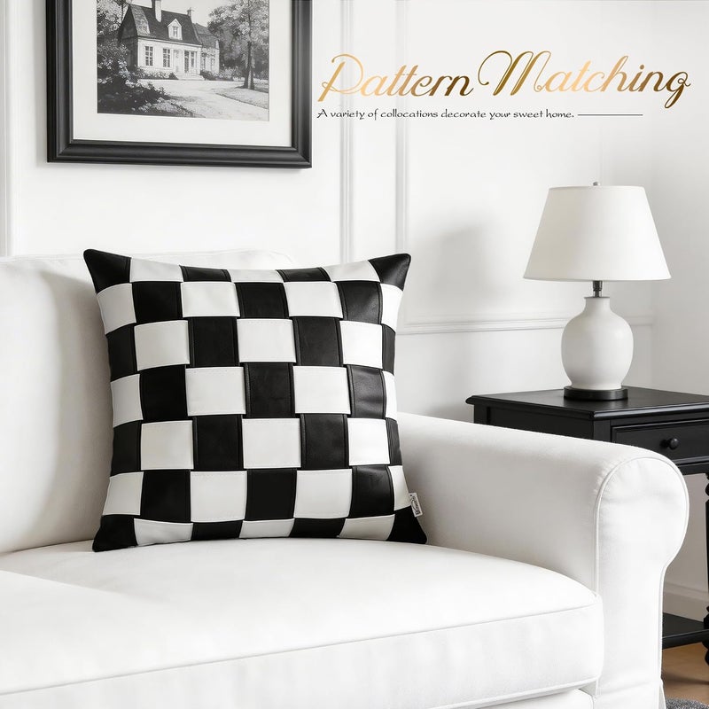 BRAWARM Faux Leather Throw Pillow Covers 18 X 18 Inches - Black and White Leather Pillow Cover, Hand Woven Leather Decorative Pillow Cover for Couch Sofa Bed Living Room Home Garden - Image 2