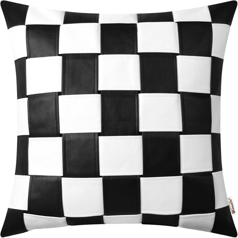 BRAWARM Faux Leather Throw Pillow Covers 18 X 18 Inches - Black and White Leather Pillow Cover, Hand Woven Leather Decorative Pillow Cover for Couch Sofa Bed Living Room Home Garden - Image 1