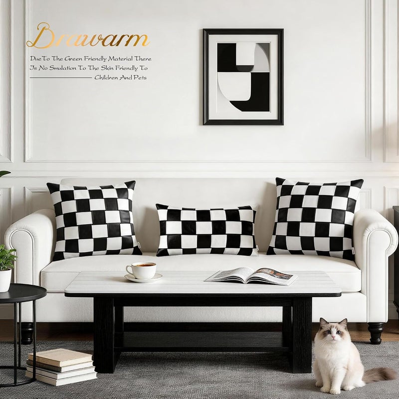 BRAWARM Faux Leather Throw Pillow Covers 18 X 18 Inches - Black and White Leather Pillow Cover, Hand Woven Leather Decorative Pillow Cover for Couch Sofa Bed Living Room Home Garden - Image 4