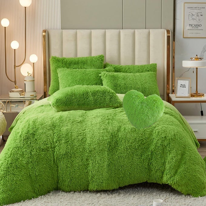 5 PCS SHAGGY DUVET COVER BEDDING SET FLUFFY COMFORTER COVER LONG FAUX FUR LUXURY ULTRA SOFT COZY GREEN KINGCALIFORNIA KING