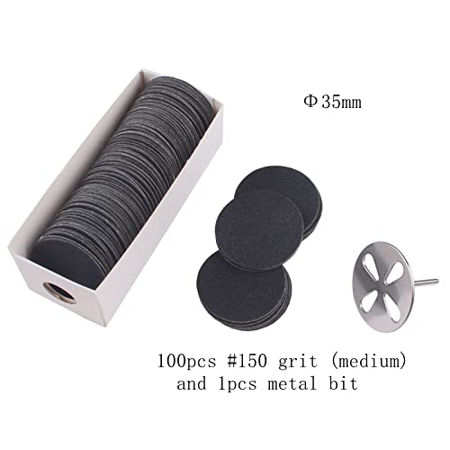 MZCMSL 100pcs Sandpaper Disc and 1pcs Metal Drill Bit, 3/32 Shank Pedicure Sanding Disc Bit for Dead Skin Callus Electric Foot File #150 Grit (Medium,35mm) - Image 2