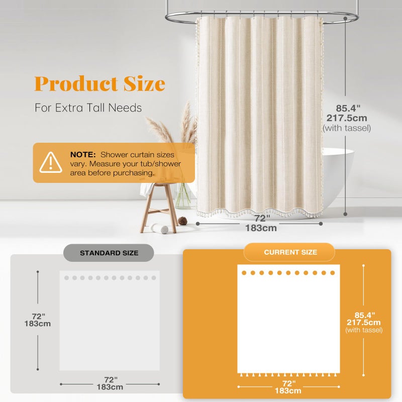 BTTN Extra Long Shower Curtain - 72x84 Long Boho Chic Striped Tassel Linen Fabric Shower Curtain Set with Hooks, Tall Modern Farmhouse Cute Heavy Duty Cloth Shower Curtains for Bathroom - Cream/Beige - Image 3