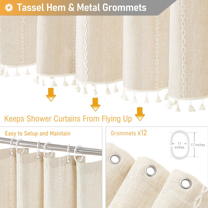 BTTN Extra Long Shower Curtain - 72x84 Long Boho Chic Striped Tassel Linen Fabric Shower Curtain Set with Hooks, Tall Modern Farmhouse Cute Heavy Duty Cloth Shower Curtains for Bathroom - Cream/Beige - Image 5