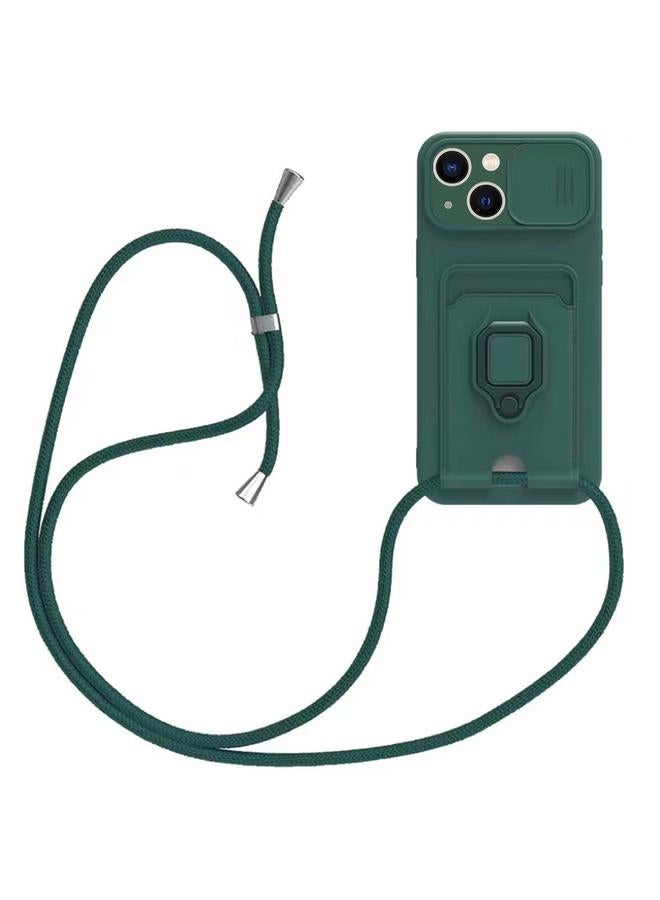 اس-توب جراب لهاتف iPhone 13 مزود بحامل بطاقات مغناطيسي منزلق من السيليكون مع حبل - Image 1
