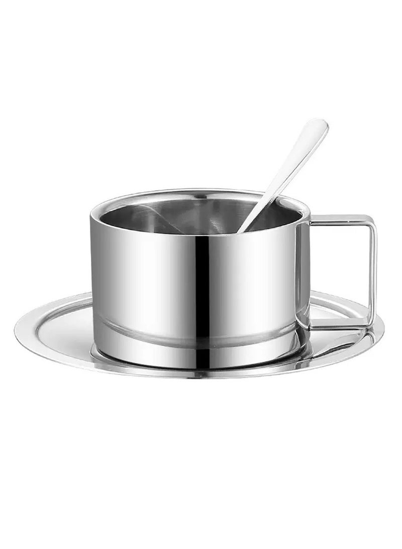 Stainless Steel Coffee Cup and Saucer Set, 200 ml/7 oz Insulated Coffee Mug Set, Double Layer Mug, Milk Tea Mug with Spoon for Café Latte and Milk Tea - Image 1