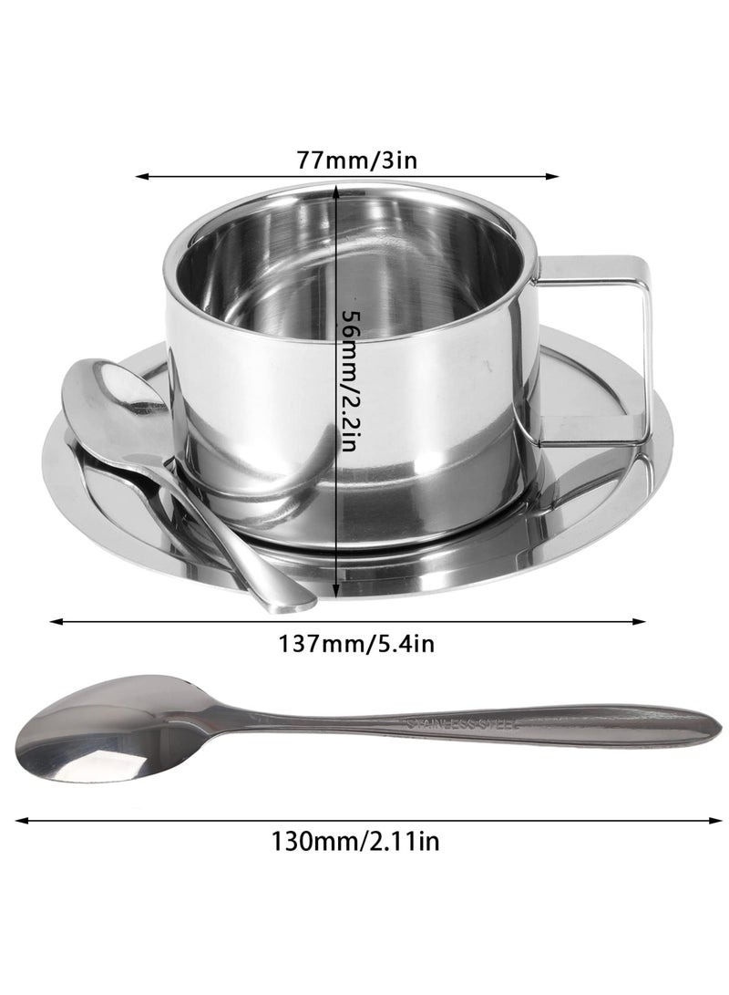 Stainless Steel Coffee Cup and Saucer Set, 200 ml/7 oz Insulated Coffee Mug Set, Double Layer Mug, Milk Tea Mug with Spoon for Café Latte and Milk Tea - Image 4