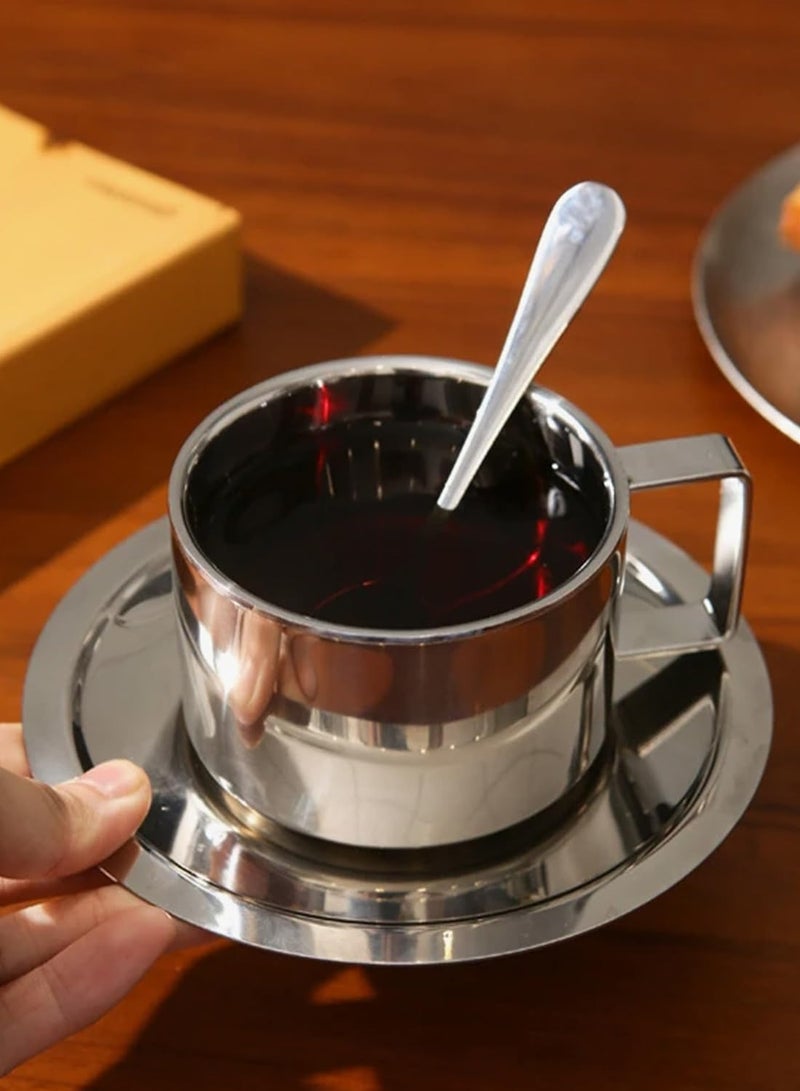 Stainless Steel Coffee Cup and Saucer Set, 200 ml/7 oz Insulated Coffee Mug Set, Double Layer Mug, Milk Tea Mug with Spoon for Café Latte and Milk Tea - Image 5