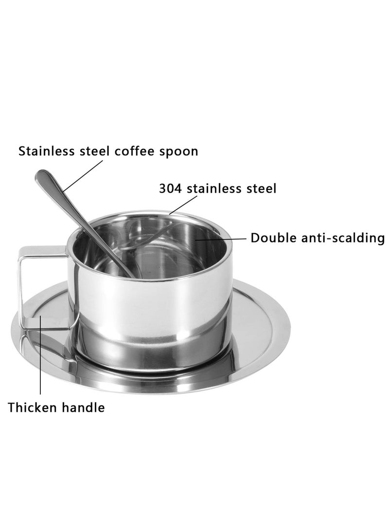 Stainless Steel Coffee Cup and Saucer Set, 200 ml/7 oz Insulated Coffee Mug Set, Double Layer Mug, Milk Tea Mug with Spoon for Café Latte and Milk Tea - Image 2