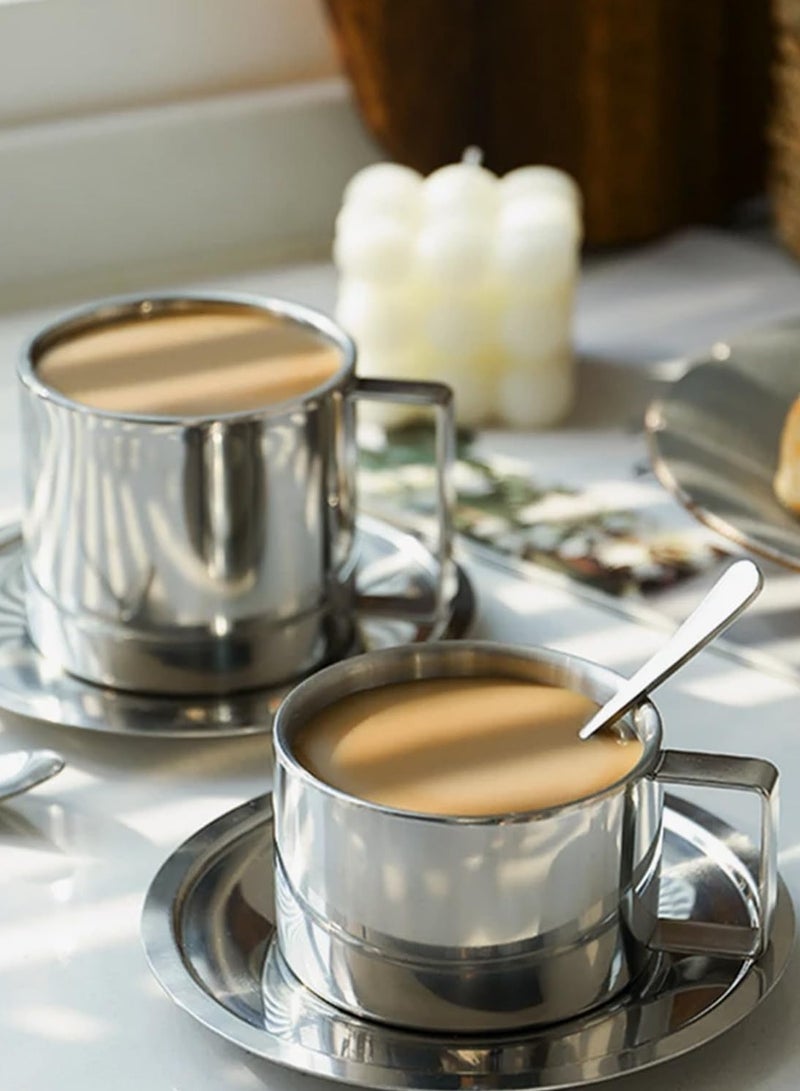 Stainless Steel Coffee Cup and Saucer Set, 200 ml/7 oz Insulated Coffee Mug Set, Double Layer Mug, Milk Tea Mug with Spoon for Café Latte and Milk Tea - Image 3