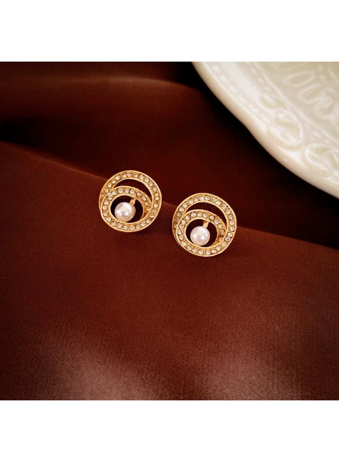 Real Gold Electroplated Silver Needle Zircon Double Ring Pearl Oval Earrings Fashion Retro Light Luxury Elegant Earrings New Earrings