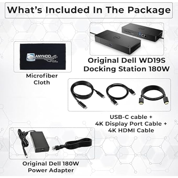 rayihni DELL WD19S DOCKING STATION DUAL MONITOR BUNDLE - 180W, SUPPORTS 4K DISPLAY, DELL DOCK WITH 180W POWER SUPPLY + 4K HDMI CABLE + 4K DISPLAYPORT CABLE + USB-C CABLE + MICROFIBER CLOTH INCLUDED - Image 2