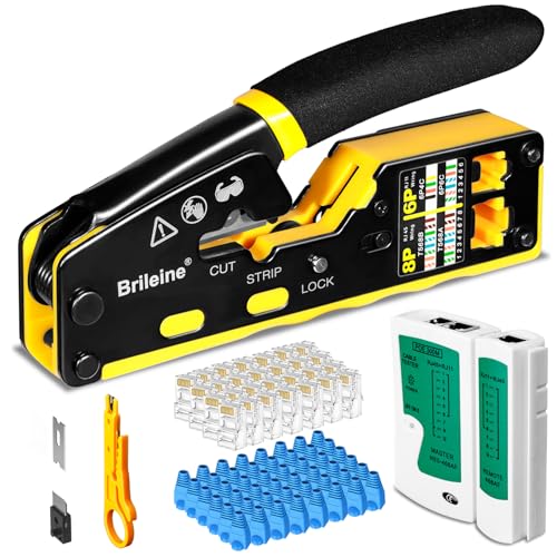 Brileine RJ45 Crimp Tool Pass Through Kit Ethernet Crimper Cat5 Cat5e Cat6 Crimping Tool for RJ11/RJ12 6P/8P with Network Lan Cable Tester, 50PCS Cat6 Connectors, 50PCS Boots, Mini Cable Stripper - Image 1