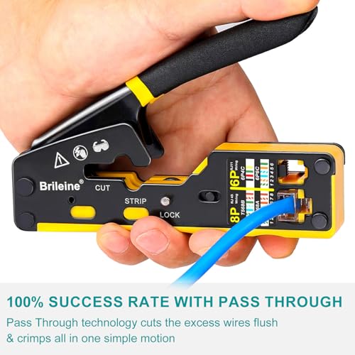 Brileine RJ45 Crimp Tool Pass Through Kit Ethernet Crimper Cat5 Cat5e Cat6 Crimping Tool for RJ11/RJ12 6P/8P with Network Lan Cable Tester, 50PCS Cat6 Connectors, 50PCS Boots, Mini Cable Stripper - Image 5
