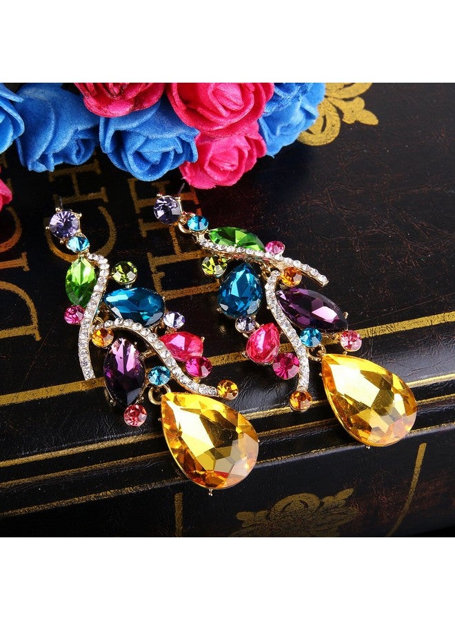 BriLove Bohemian Boho Dangle Earrings For Women Crystal Multi Teardrop Filigree Cluster Chandelier Earrings Multicolor Colorful Gold-Toned - Image 4