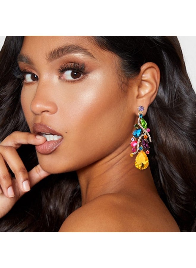 BriLove Bohemian Boho Dangle Earrings For Women Crystal Multi Teardrop Filigree Cluster Chandelier Earrings Multicolor Colorful Gold-Toned - Image 2