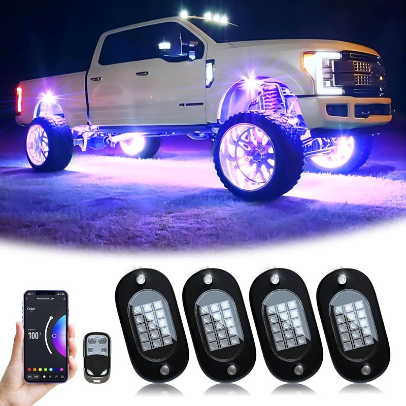 YiLaie RGB LED Rock Lights, 60 LEDs High Brightness Multifunction Neon underglow Kit Waterproof Car Light with APP/RF Control Multicolor Rock Lights for ATV RZR UTV SUV Off Road Car, DC 12V (4 Pods) - Image 1