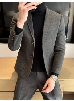 Generic Mens Wool Blazer Autumn Winter Thick Korean Casual Suit Jacket Brown  - Image 4