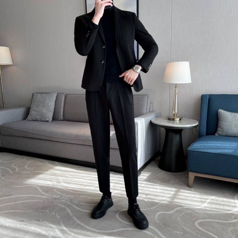 Mens Wool Blazer Autumn Winter Thick Korean Casual Suit Jacket Brown - Image 5