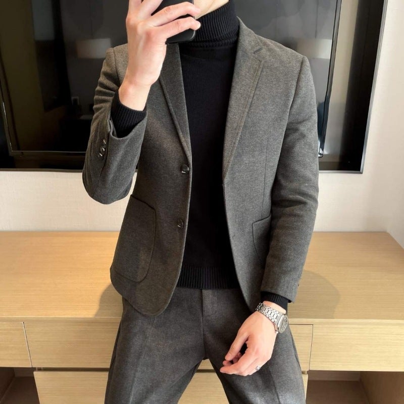 Mens Wool Blazer Autumn Winter Thick Korean Casual Suit Jacket Brown - Image 4