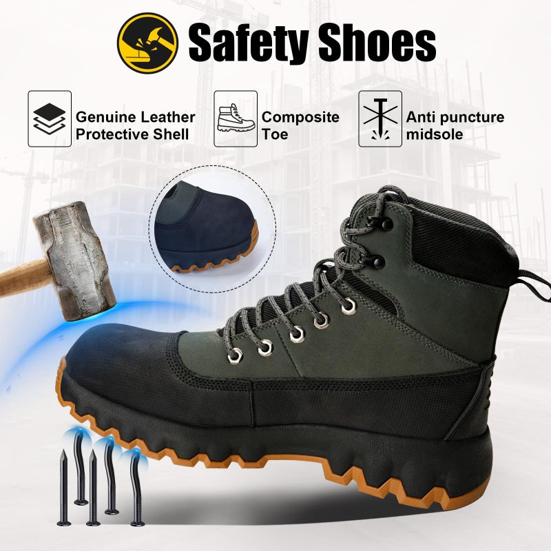 Peeldicou Mens Work Boots Composite Toe Boots for Men Genuine Leather Rubber Sole No Slip Waterproof Shoes Industrial & Construction Safety Boots - Image 2