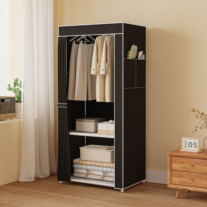 DWELLIT DWELLIT Collapsible Fabric Wardrobe with Dustproof Curtain Storage Compartments Easy Assemble Portable Closet with Hanging Rod Shelves Storage Pockets Fabric Cover Metal Frame Black Small  - Image 1