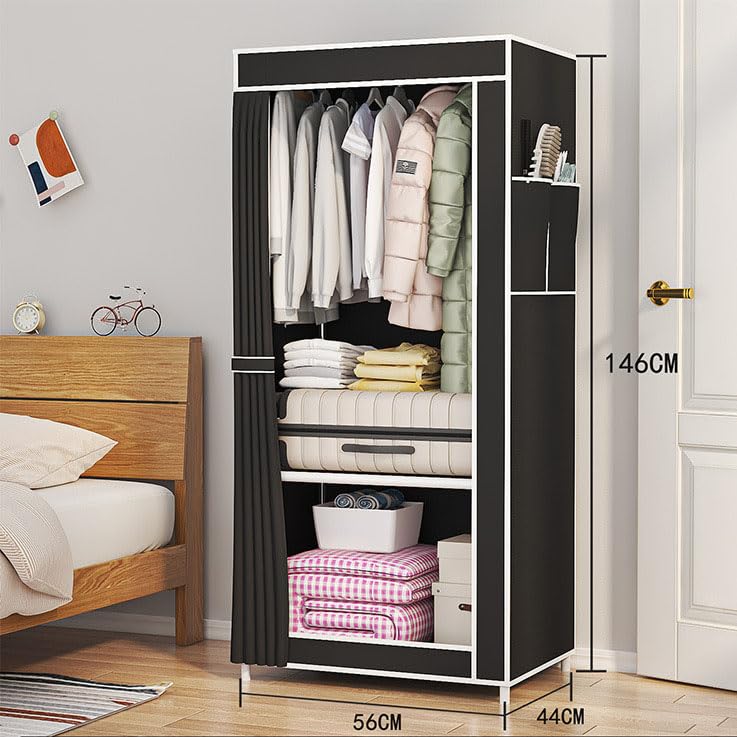 DWELLIT DWELLIT Collapsible Fabric Wardrobe with Dustproof Curtain Storage Compartments Easy Assemble Portable Closet with Hanging Rod Shelves Storage Pockets Fabric Cover Metal Frame Black Small  - Image 2