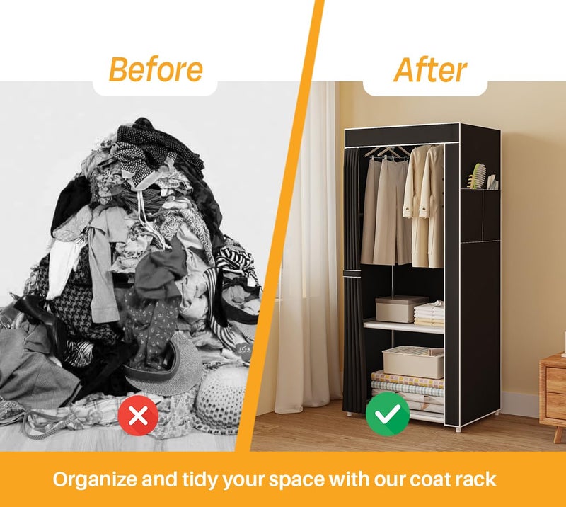 DWELLIT DWELLIT Collapsible Fabric Wardrobe with Dustproof Curtain Storage Compartments Easy Assemble Portable Closet with Hanging Rod Shelves Storage Pockets Fabric Cover Metal Frame Black Small  - Image 3