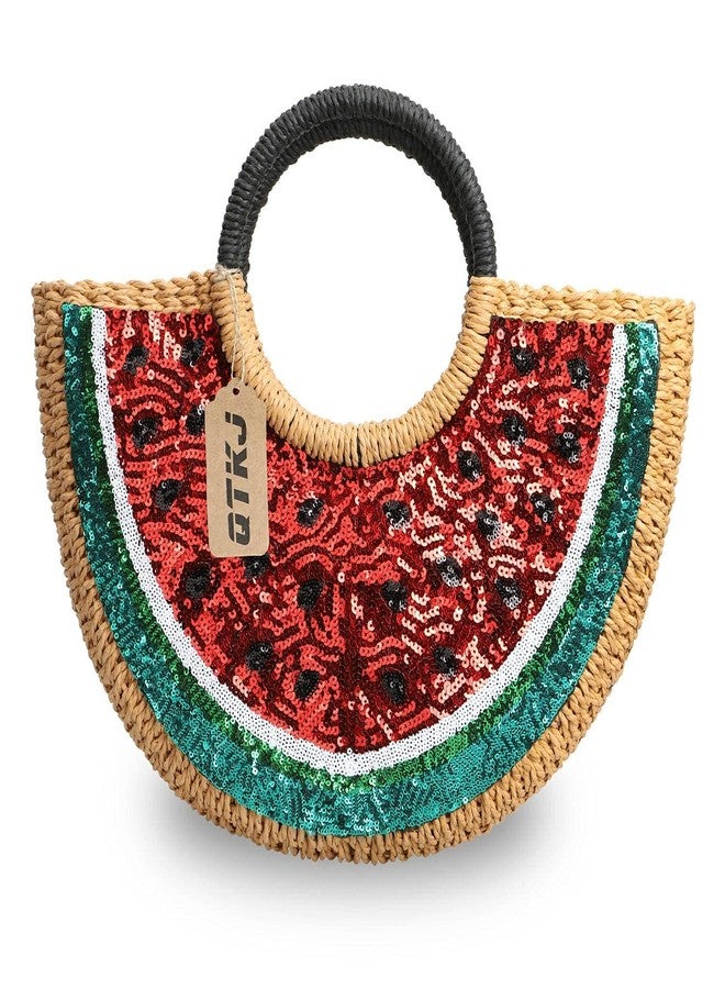QTKJ Semi-circle Rattan Straw Handbags, Hand-woven Summer Watermelon Beach Straw Bag with Sequin for Women - Image 1