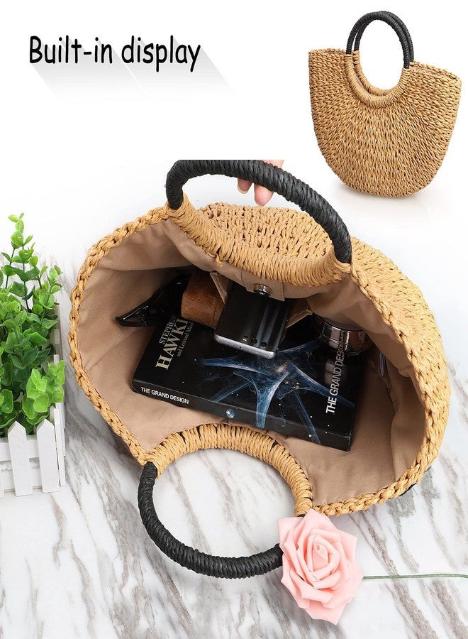 QTKJ Semi-circle Rattan Straw Handbags, Hand-woven Summer Watermelon Beach Straw Bag with Sequin for Women - Image 5