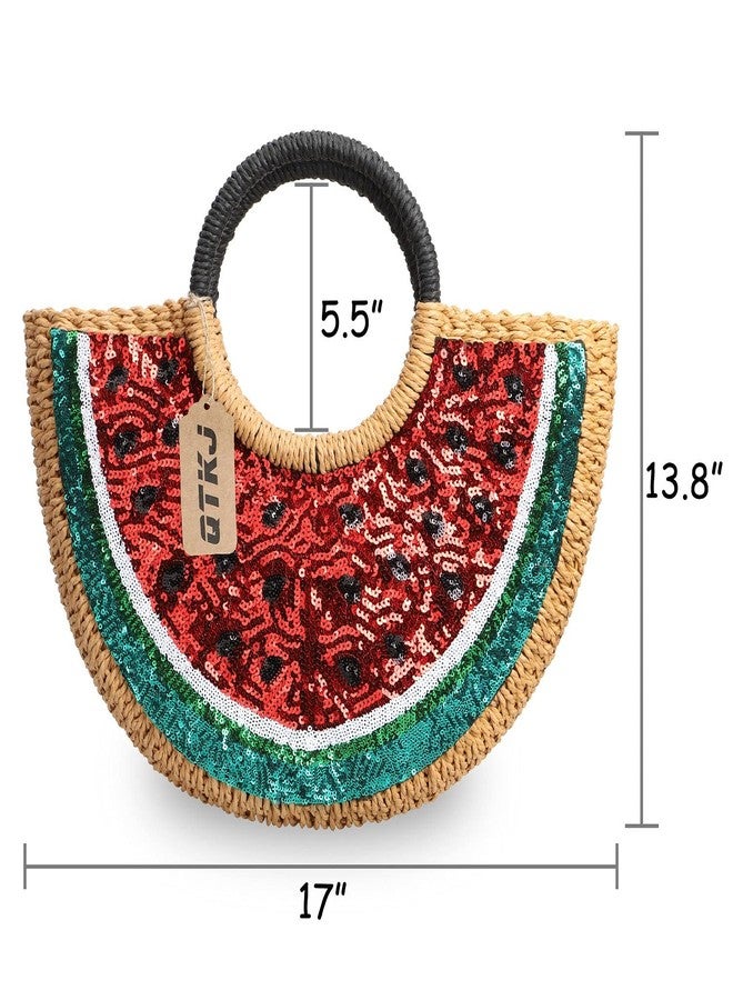 QTKJ Semi-circle Rattan Straw Handbags, Hand-woven Summer Watermelon Beach Straw Bag with Sequin for Women - Image 3