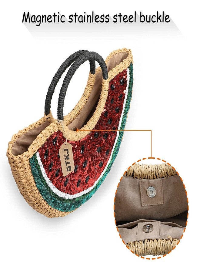 QTKJ Semi-circle Rattan Straw Handbags, Hand-woven Summer Watermelon Beach Straw Bag with Sequin for Women - Image 4