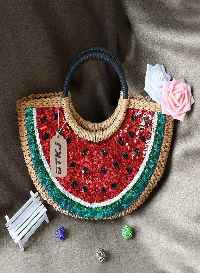 QTKJ Semi-circle Rattan Straw Handbags, Hand-woven Summer Watermelon Beach Straw Bag with Sequin for Women - Image 2