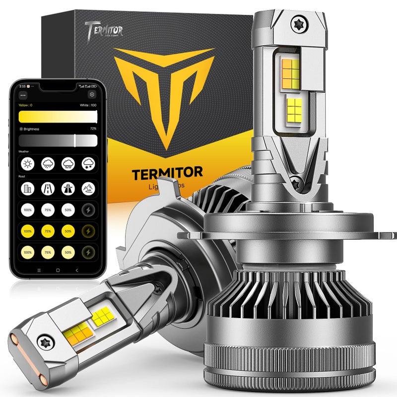 Termitor Smart H4 Light Bulb, 0-75000LM 1500% Super Brighter, App-Controlled Dimming & Color Temperature, 3000K Yellow to 6500K Cool White for Bluetooth 9003/HB2 Fog Light, Plug and Play, Pack of 2 - Image 1