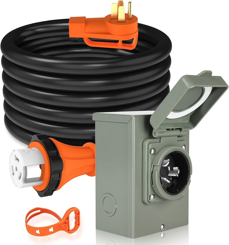 WELLUCK 25FT Power Cord Inlet Box Kit Temporary Connector Cable 50Amp Generator Plug, NEMA 14-50P to SS2-50R Extension Cord 25 Feet with NEMA SS2-50P Generator Inlet, ETL Listed, Weatherproof - Image 1