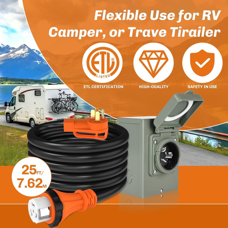 WELLUCK 25FT Power Cord Inlet Box Kit Temporary Connector Cable 50Amp Generator Plug, NEMA 14-50P to SS2-50R Extension Cord 25 Feet with NEMA SS2-50P Generator Inlet, ETL Listed, Weatherproof - Image 2
