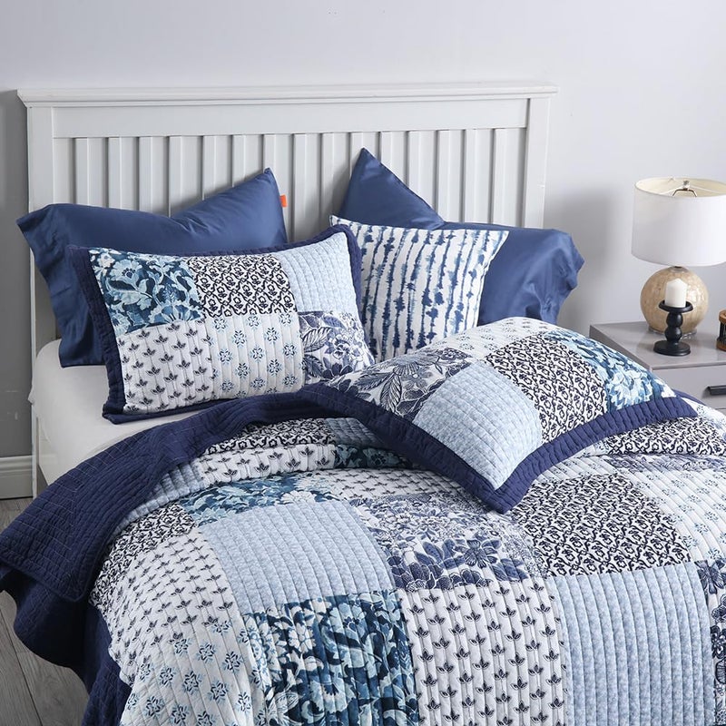 ENASAL Cotton Bedspread Quilt Sets Reversible Bedding Coverlet Sets Luxury Floral White Blue Real Patchwork Bedspread, King Size - Image 4